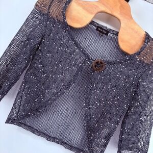 Charlie Paige Women S/M Sheer Mesh Button Front Blue Cropped Cardigan